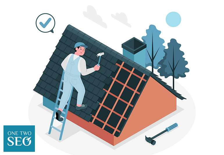 Illustration of a roofer inspecting shingles on a residential rooftop